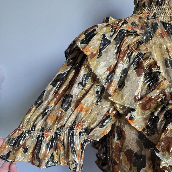 BA&SH New Gilda Silk Metallic Ochre Ruffle Abstract Lady Blouse Top SZ Small - Picture 5 of 16